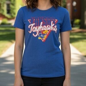 Charlie Hustle Kansas Jayhawks Graphic T Shirt Blue Vintage KU Logo Size S
